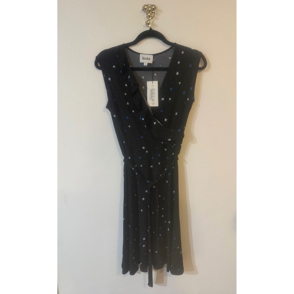 Leota Felicity Sleeveless Ruffle Wrap Dress Galaxy Cerulean Black Star Print M‎